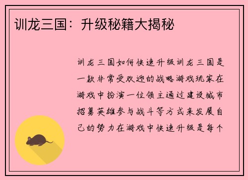 训龙三国：升级秘籍大揭秘